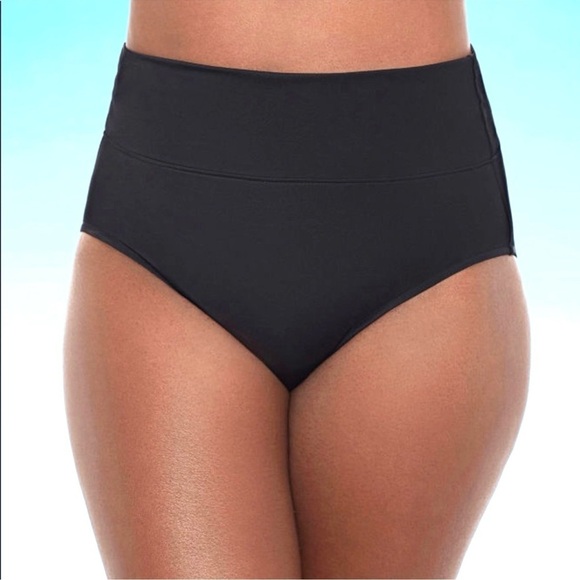 NWT TRIMSHAPER Plus 24 Women's Yoke Brief Swim Bottom High-Waisted Black Bikini - Picture 1 of 9